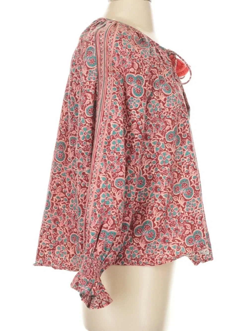Omika Cotton Linen Long Sleeve Red Block Print Blouse Top Size XS